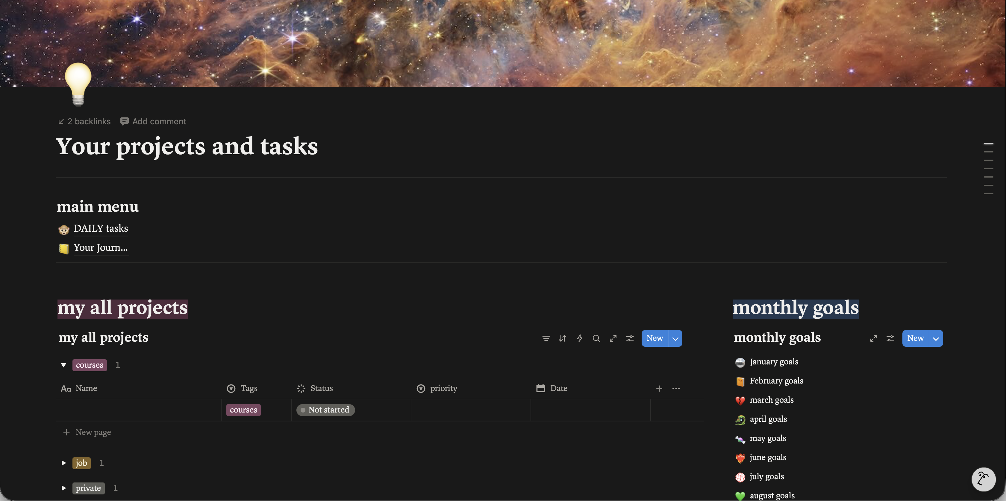 Ekran projektów i celów w Notion